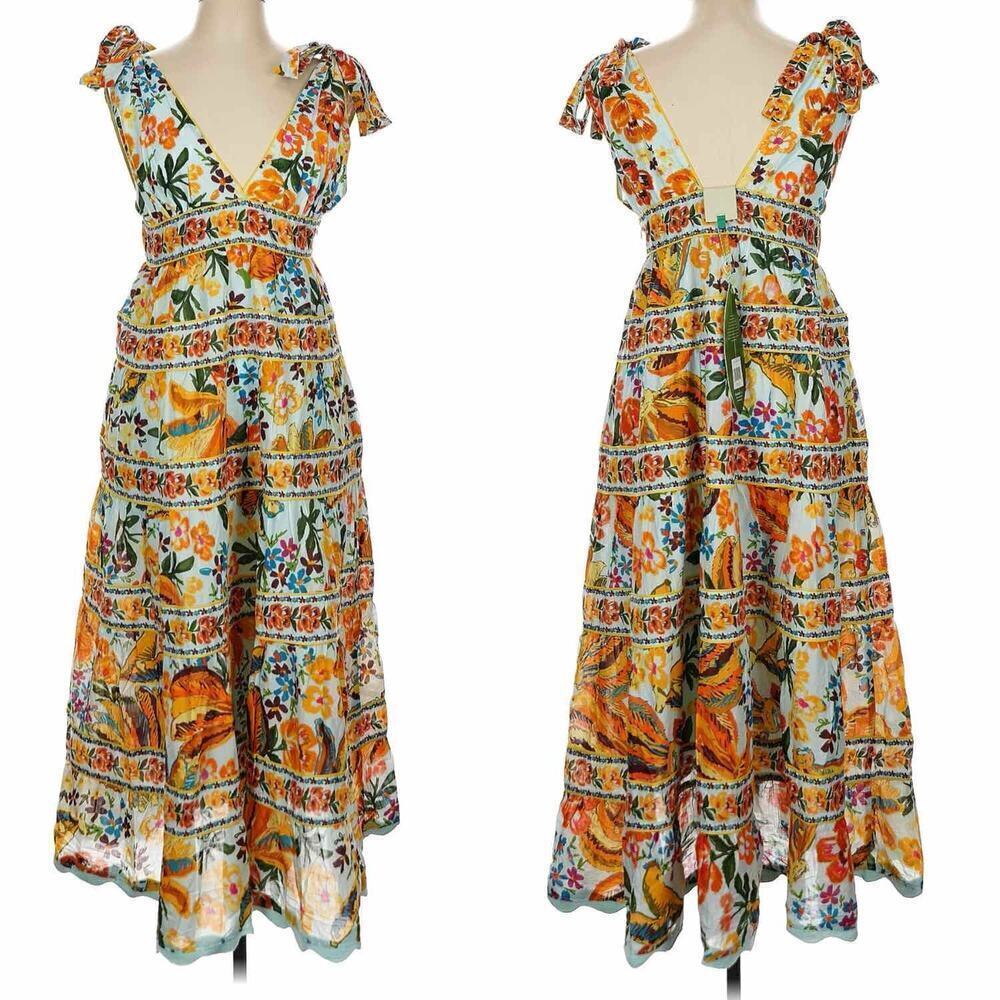 Farm Rio Blue Spring Bananas Midi Dress Size Large Tropical Vacation Casual